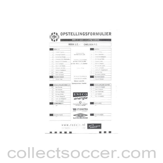 2002 - Roda v Chelsea official teamsheet non-programme game 10/08/2002