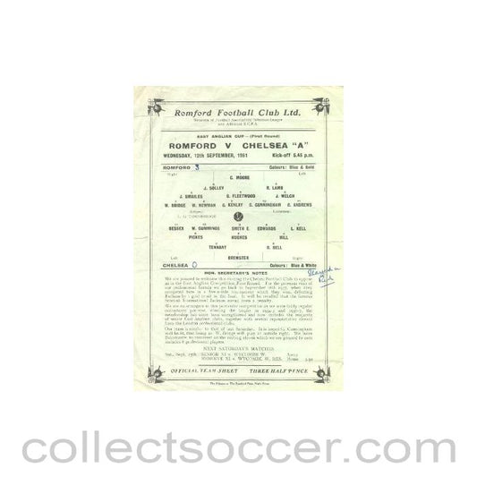 1951 - Romford v Chelsea official programme 12/09/1951