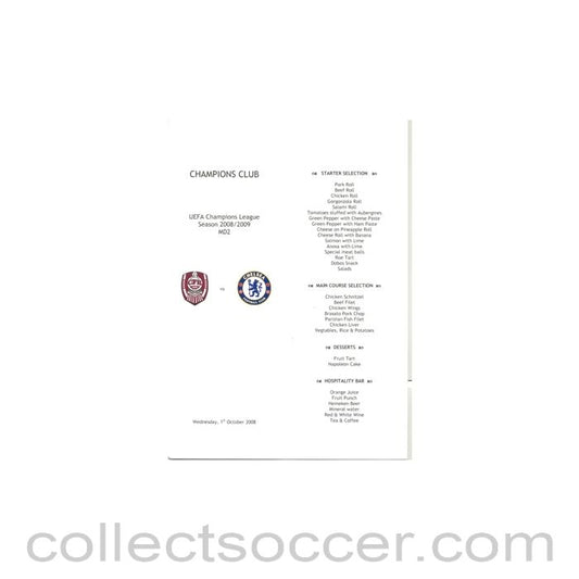 SFR.Cluj v Chelsea Menu 01/10/2008