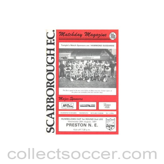 1991 - Scarborough v Preston North End official programme 28/08/1991 Rumbelows Cup