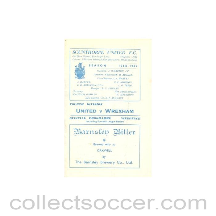 1968 - Scunthorpe United v Wrexham official programme 1968-1969 Football League