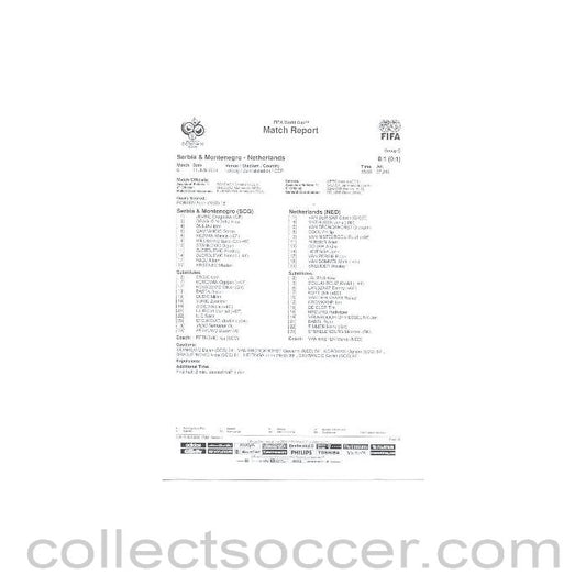 2006 Serbia & Montenegro v Netherlands Match Report sheet 11/06/2006 FIFA World Cup Germany 2006