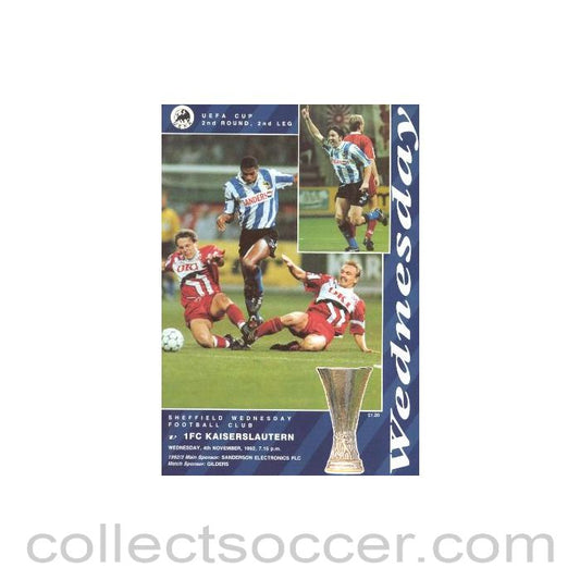 1992 - Sheffield Wednesday v Kaiserslautern official programme 04/11/1992 UEFA Cup