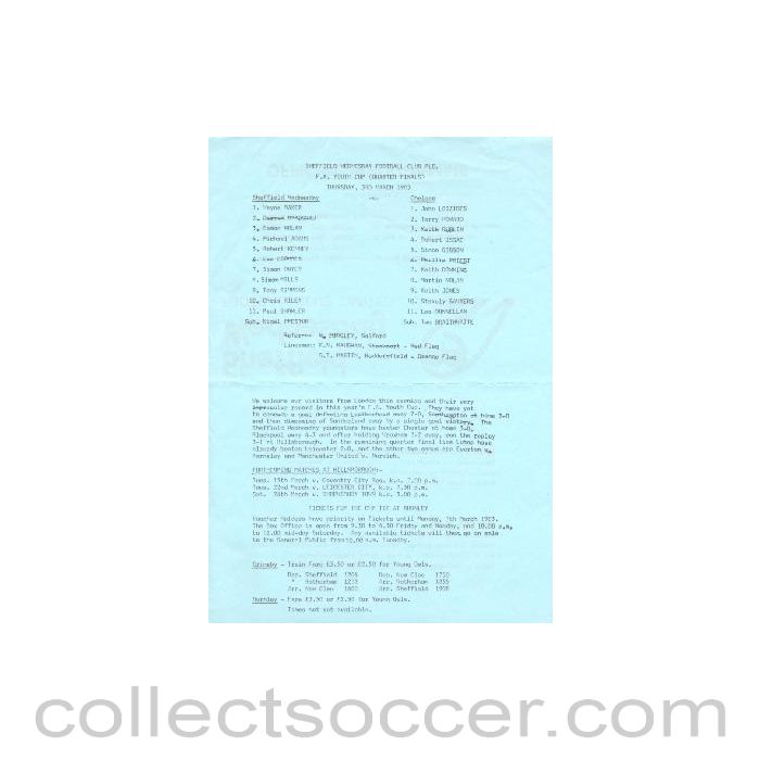 1983 - Sheffield Wednesday v Chelsea official teamsheet 03/03/1983 FA Cup