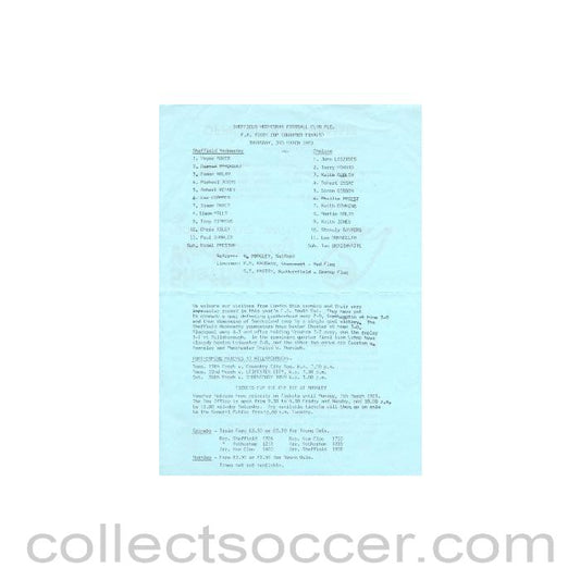 1983 - Sheffield Wednesday v Chelsea official teamsheet 03/03/1983 FA Cup