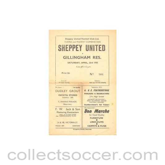 1955 - Sheppey United v Gillingham Reserves official programme 23/04/1955