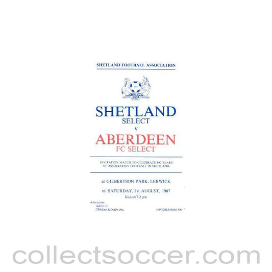 1987 - Shetland Select v Aberdeen Select official programme 01/08/1987