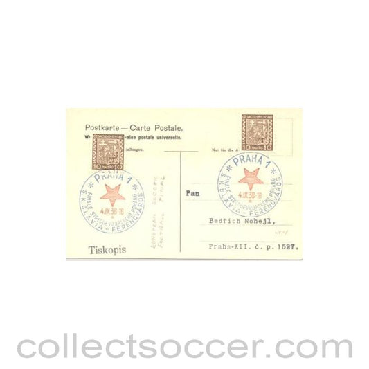 1938 - Slavia, Sofia, Bulgaria v Ferencvaros, Budapest, Hungary postcard 04/09/1938 European Final, match played in Prag