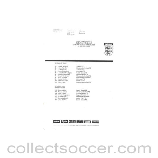 2002 - Slovakia v England teamsheet 12/10/2002
