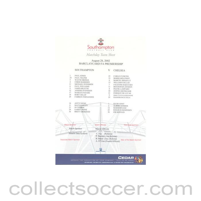 2002 - Southampton v Chelsea official colour teamsheet 28/08/2002 Premier League