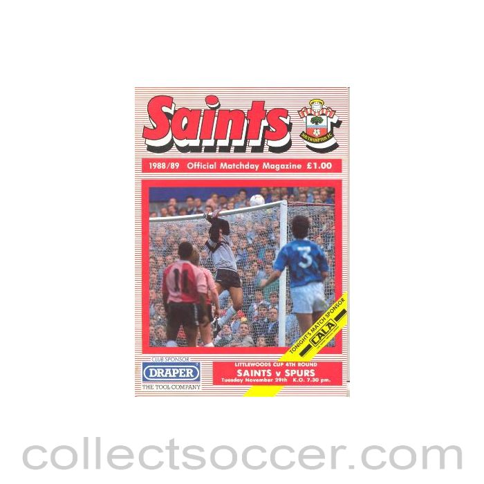 1988 - Southampton v Tottenham Hotspur official programme 29/11/1988 Littlewoods Cup