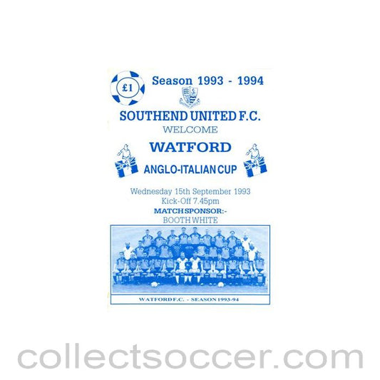1993 - Southend United v Watford official programme 15/09/1993 Anglo-Italian Cup