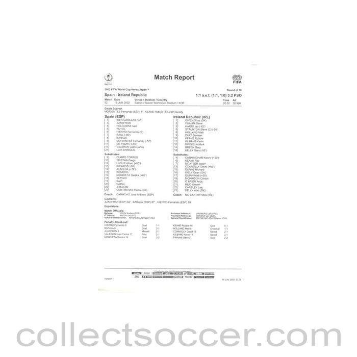 2002 World Cup - Spain v Ireland 16/06/2002 Match Report & Start List