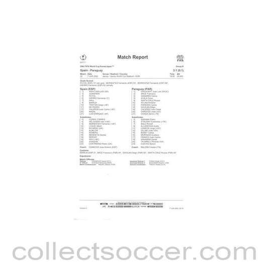 2002 World Cup - Spain v Paraguay 07/06/2002 Match Report & Game Statistics