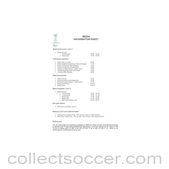 2005 - Sporting Lisbon v CSKA Moscow Media Information Sheet 18/05/2005 UEFA Cup Final