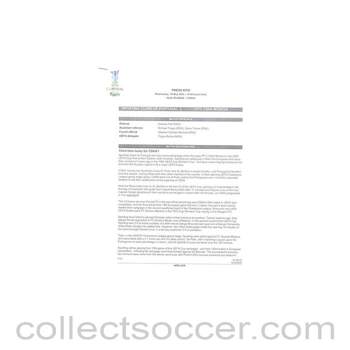 2005 - Sporting Lisbon v CSKA Moscow Press Kit in English 18/05/2005 UEFA Cup Final