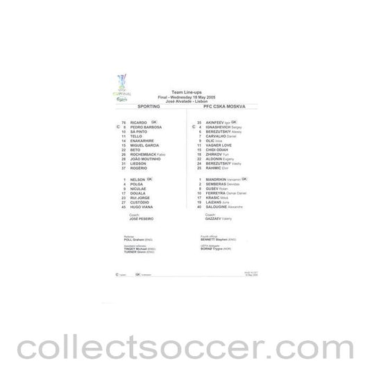 2005 UEFA Cup Final Sporting Lisbon v CSKA Moscow official colour teamsheet 18/05/2005