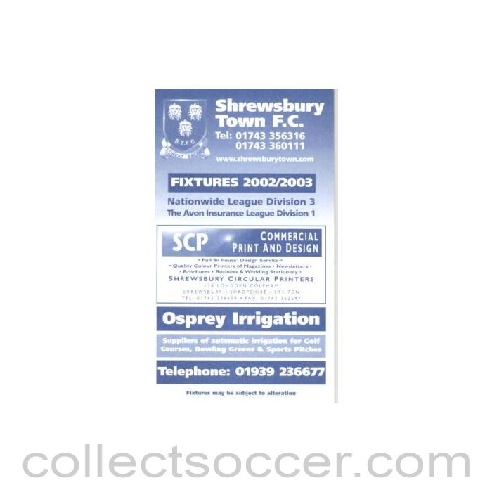 2002 - Shrewsbury Town Fixtures 2002-2003