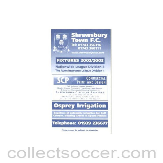 2002 - Shrewsbury Town Fixtures 2002-2003
