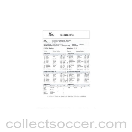 2000 - St. Gallen Switzerland v Chelsea Media Information 28/09/2000 UEFA Cup