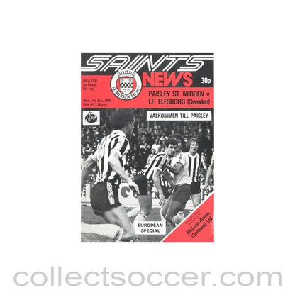 1980 - St. Mirren v Elfsborg Sweden official programme 01/10/1980 UEFA Cup