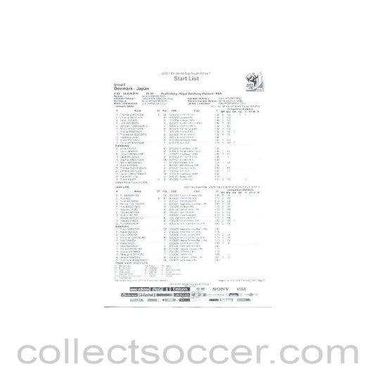 2010 World Cup official black and white Start List Denmark v Japan 24/06/2010