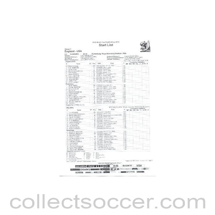 2010 World Cup official black and white Start List England v USA 12/06/2010