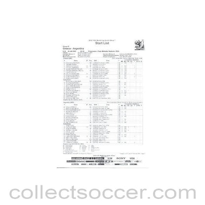 2010 World Cup official black and white Start List Greece v Argentina 22/06/2010