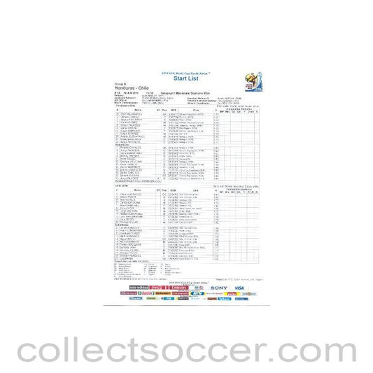 2010 World Cup official colour Start List Honduras v Chile 16/06/2010