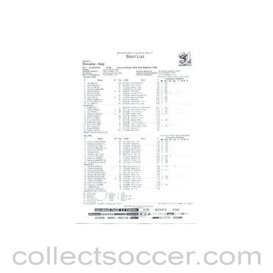 2010 World Cup official black and white Start List Slovakia v Italy 24/06/2010