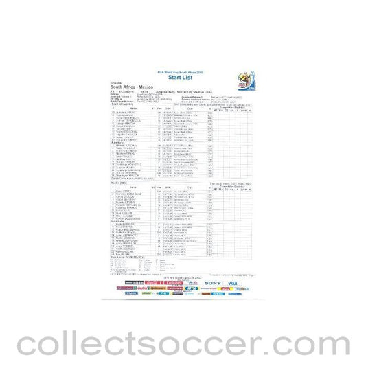 2010 World Cup official colour Start List South Africa v Mexico 11/06/2010