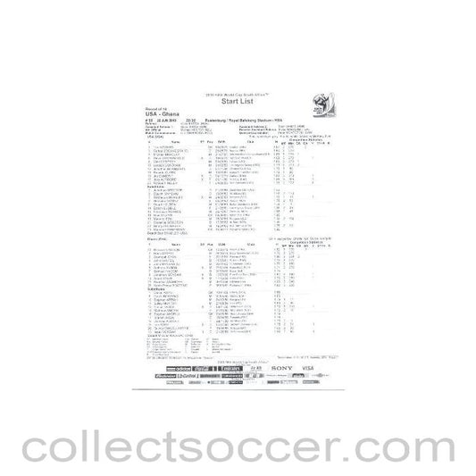 2010 World Cup official black and white Start List USA v Ghana 26/06/2010