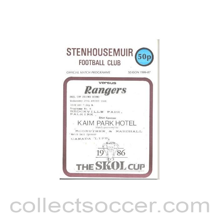 1986 - Stenhousemuir v Glasgow Rangers official programme 20/08/1986 Skol Cup