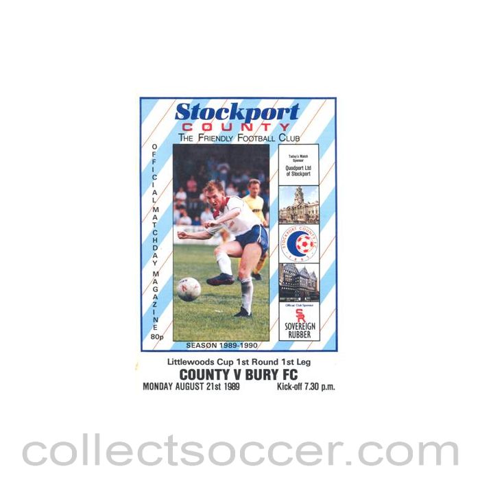 1989 - Stockport County v Bury official programme 21/08/1989 Littlewoods Cup