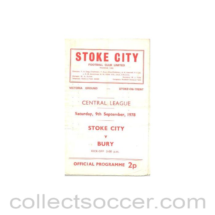 1978 - Stoke City v Bury official programme 09/09/1978 Central League