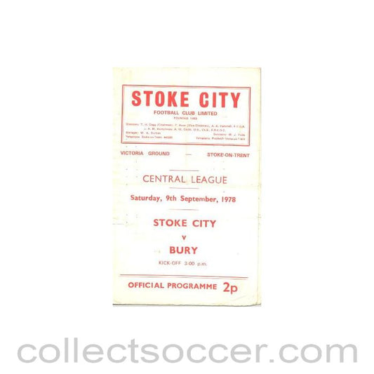 1978 - Stoke City v Bury official programme 09/09/1978 Central League