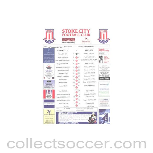 2003 - Stoke City v Chelsea official colour teamsheet 16/02/2003 F.A. Cup