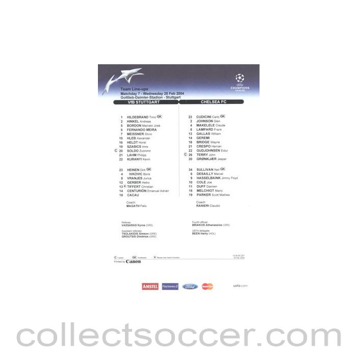 2004 - Stuttgart v Chelsea teamsheet 25/02/2004 Chamions League