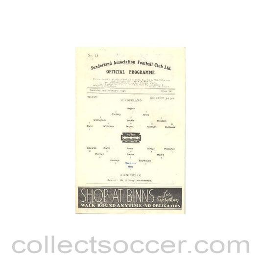 1946 - Sunderland v Birmingham official programme 09/02/1946