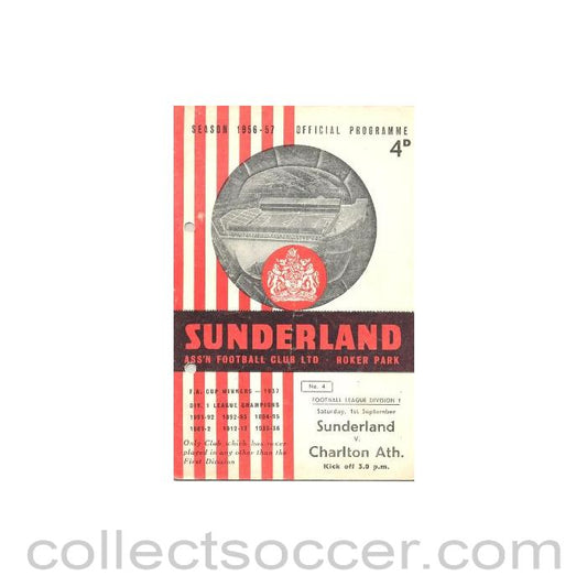 1956 - Sunderland v Charlton Athletic official programme 01/09/1956 Football League