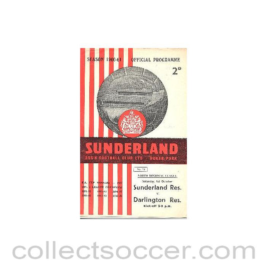 1960 - Sunderland v Darlington official programme 01/10/1960 Reserves