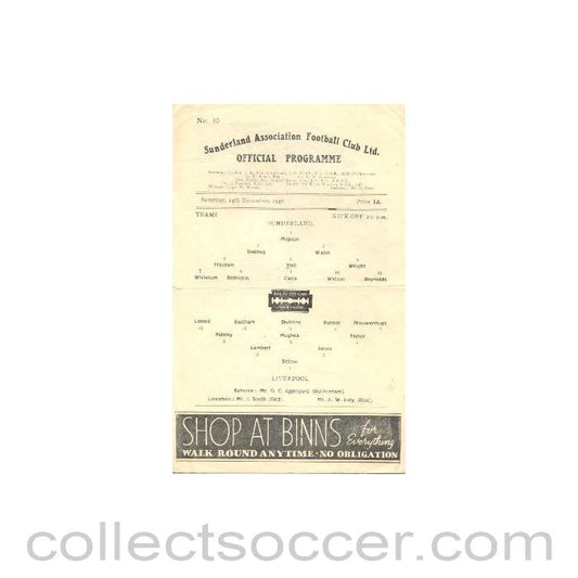 1946 - Sunderland v Liverpool official programme 14/12/1946