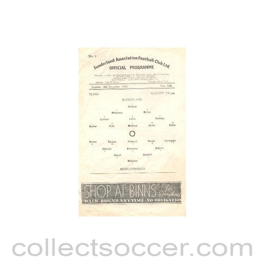 1943 - Sunderland v Middlesbrough official programme 18/12/1943
