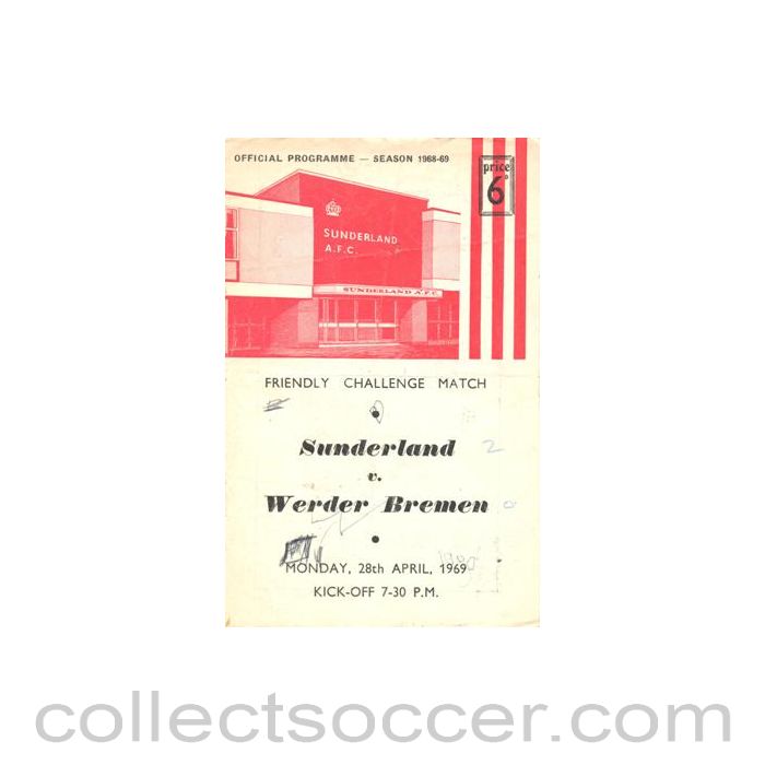 1969 - Sunderland v Werder Bremen official programme 28/04/1969 Friendly Match