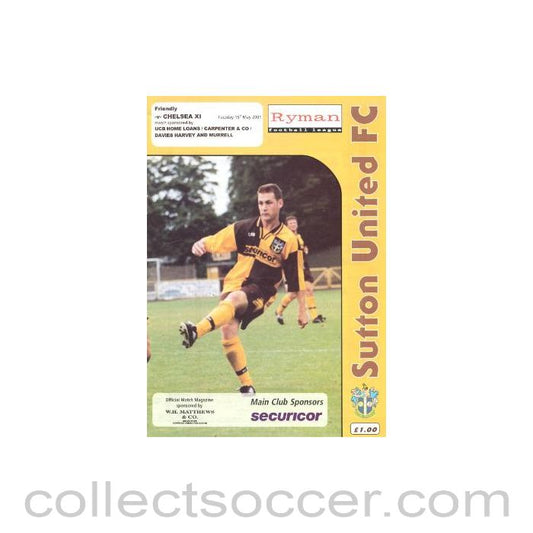 2001 - Sutton United vChelsea XI official programme 15/05/2001 friendly match