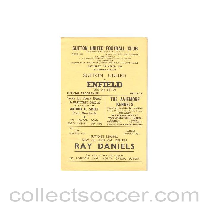 1958 - Sutton United v Enfield official programme 15/03/1958