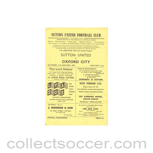 1964 - Sutton United v Oxford City official programme 11/01/1964 F.A. Amateur Cup