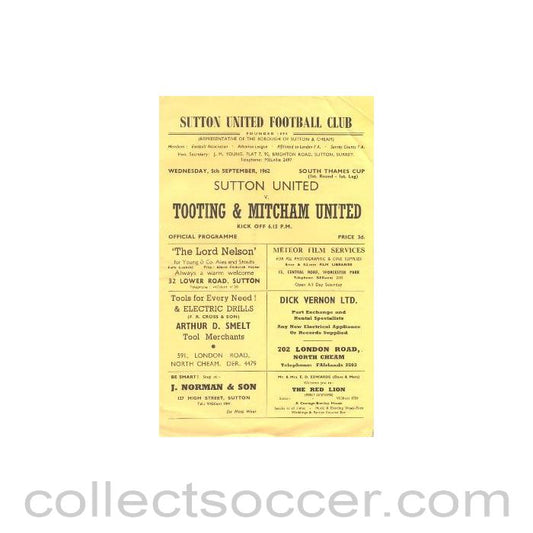 1962 - Sutton United v Tooting & Mitcham United official programme 05/09/1962