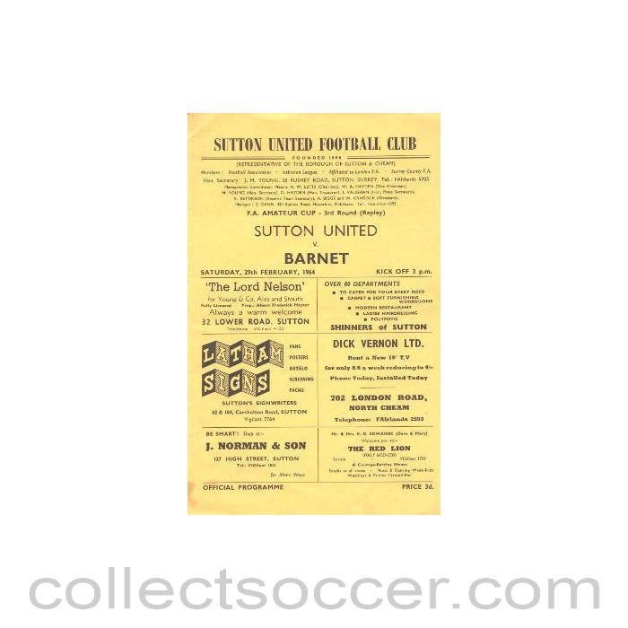 1964 - Sutton United v Barnet official programme 29/02/1964