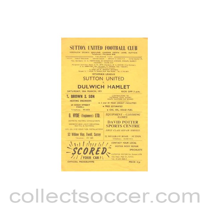 1971 - Sutton United v Dulwich Hamlet official programme 20/03/1971